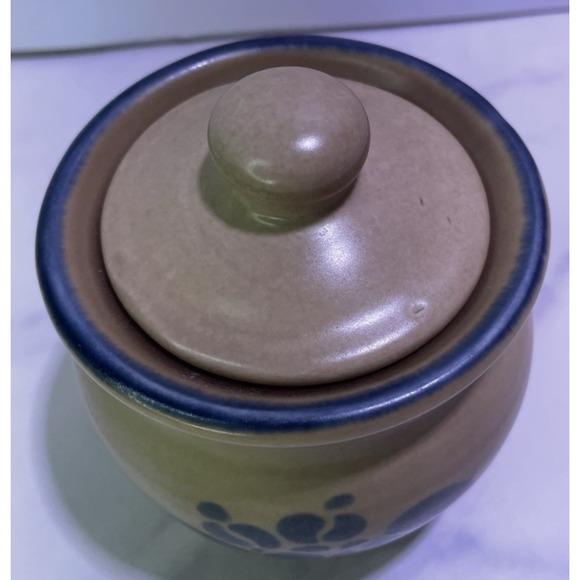 EUC Pfaltzgraff Blue Tan FOLK ART‎ Stoneware Sugar Bowl Crock W/ Lid Vintage USA - Picture 3 of 6